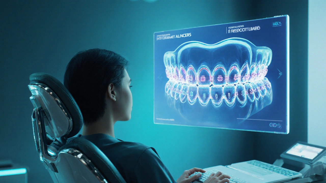 Budoucí dentální konzultace s hologramem zobrazujícím různé typy rovnátek.