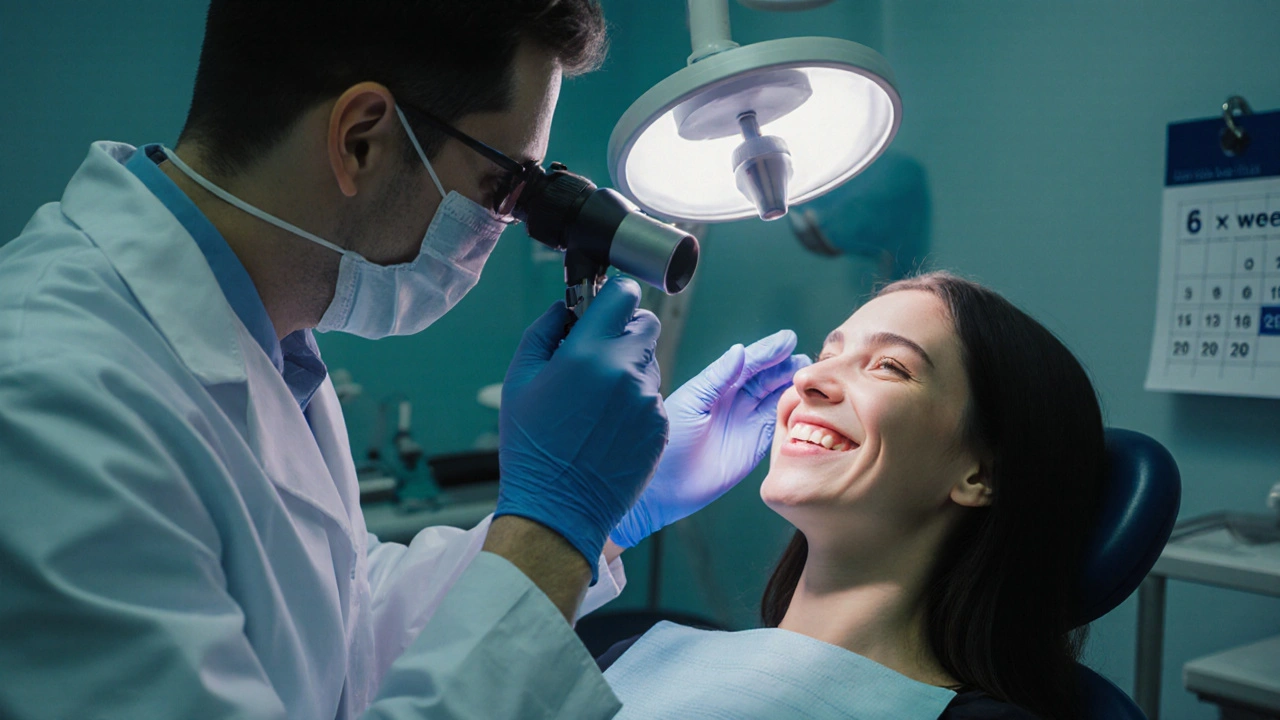 Dentista kontroluje fazety u pacienta šest týdnů po zákroku, klidná atmosféra.