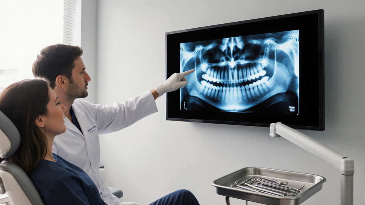 Dentista kontroluje pacienta, ukazuje na digitální rentgenový snímek zakrytého zubu moudrosti.