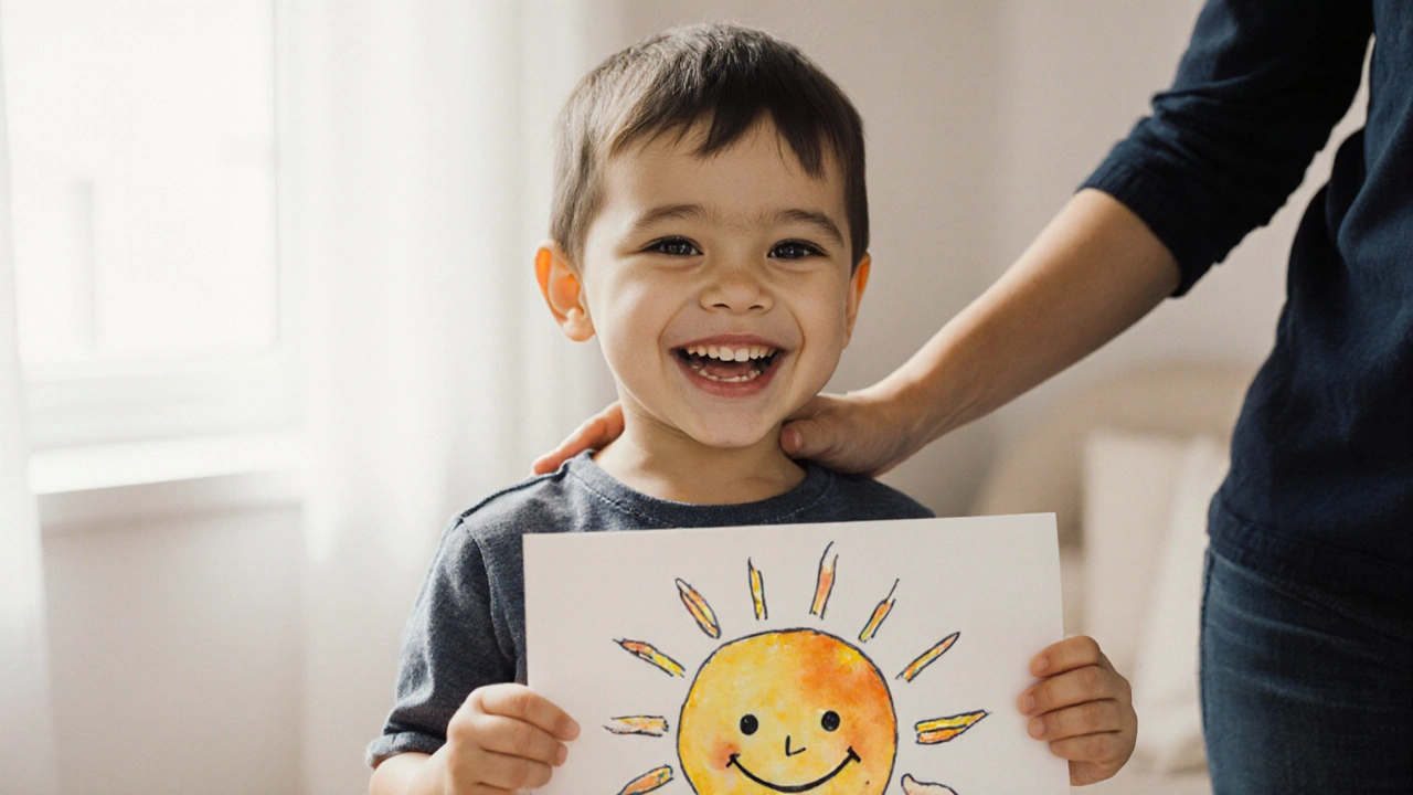 Dítě se směje s rodičem vedle sebe.