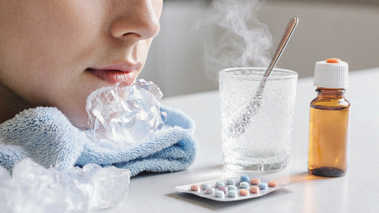Ledový obklad, ibuprofen, paracetamol a slaná voda na stole.