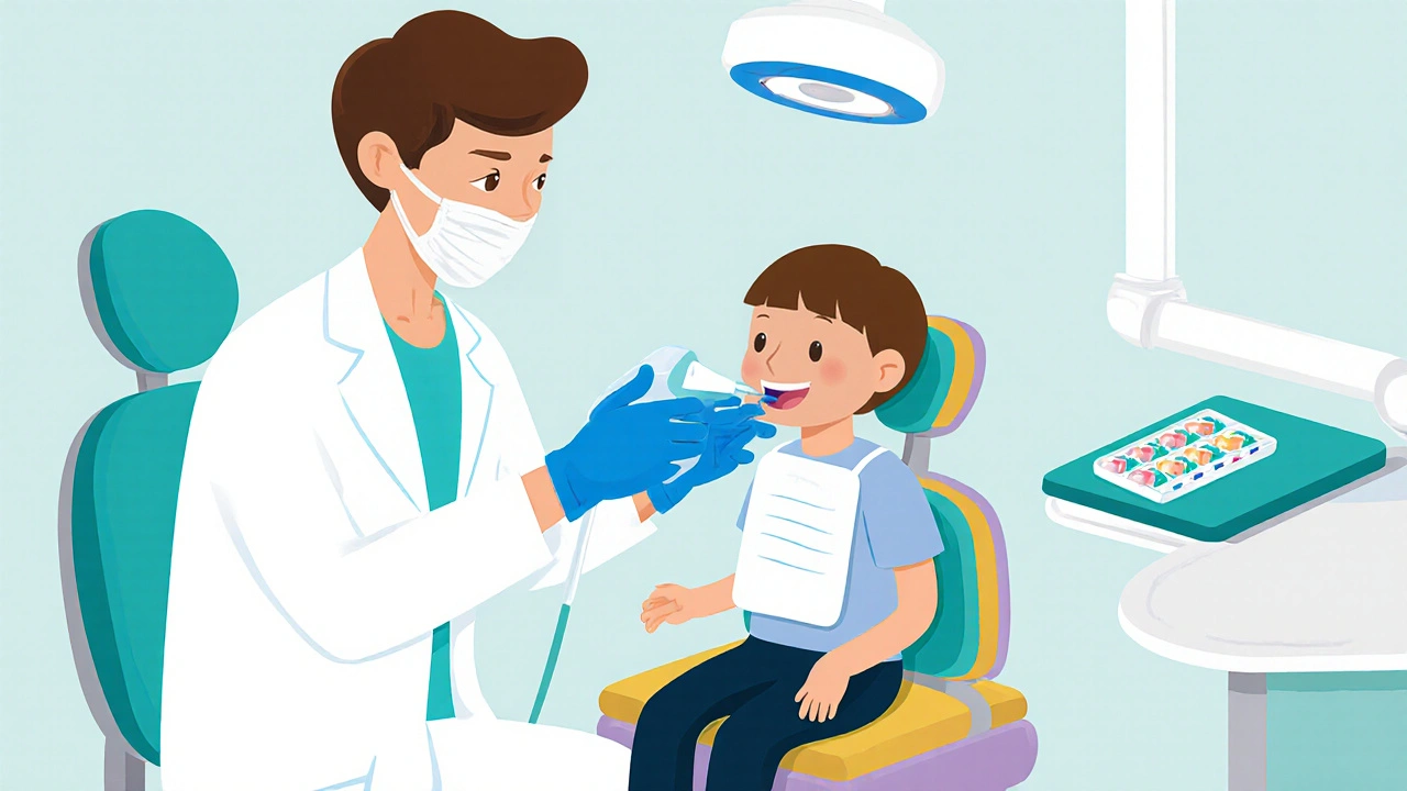 Pediatrický zubař nanáší fluoridový gel a používá lampu k prohlídce dětských zubů.