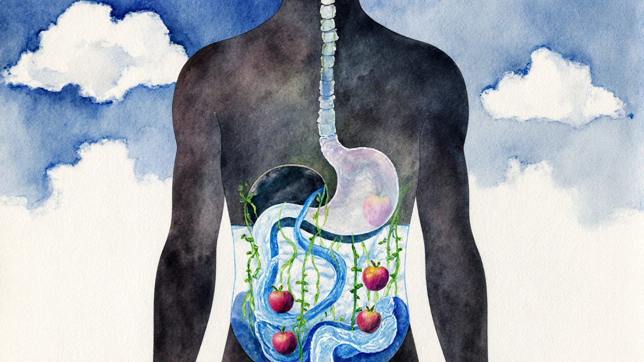 Průhledný lidský obraz s proudy vody a vláken symbolizujícími zdravé trávení.