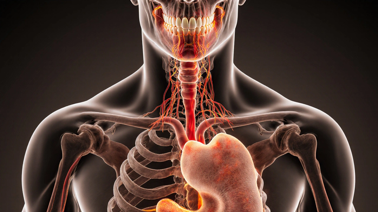 Průřez tělem ukazující infekci z horního zubu šířící se do břicha.