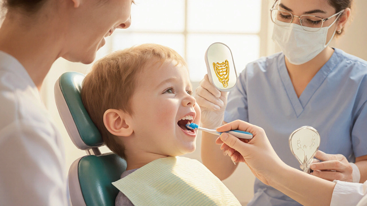 Rodič s kartáčkem kontroluje úsměv dítěte na dentální klinice, sluneční světlo.