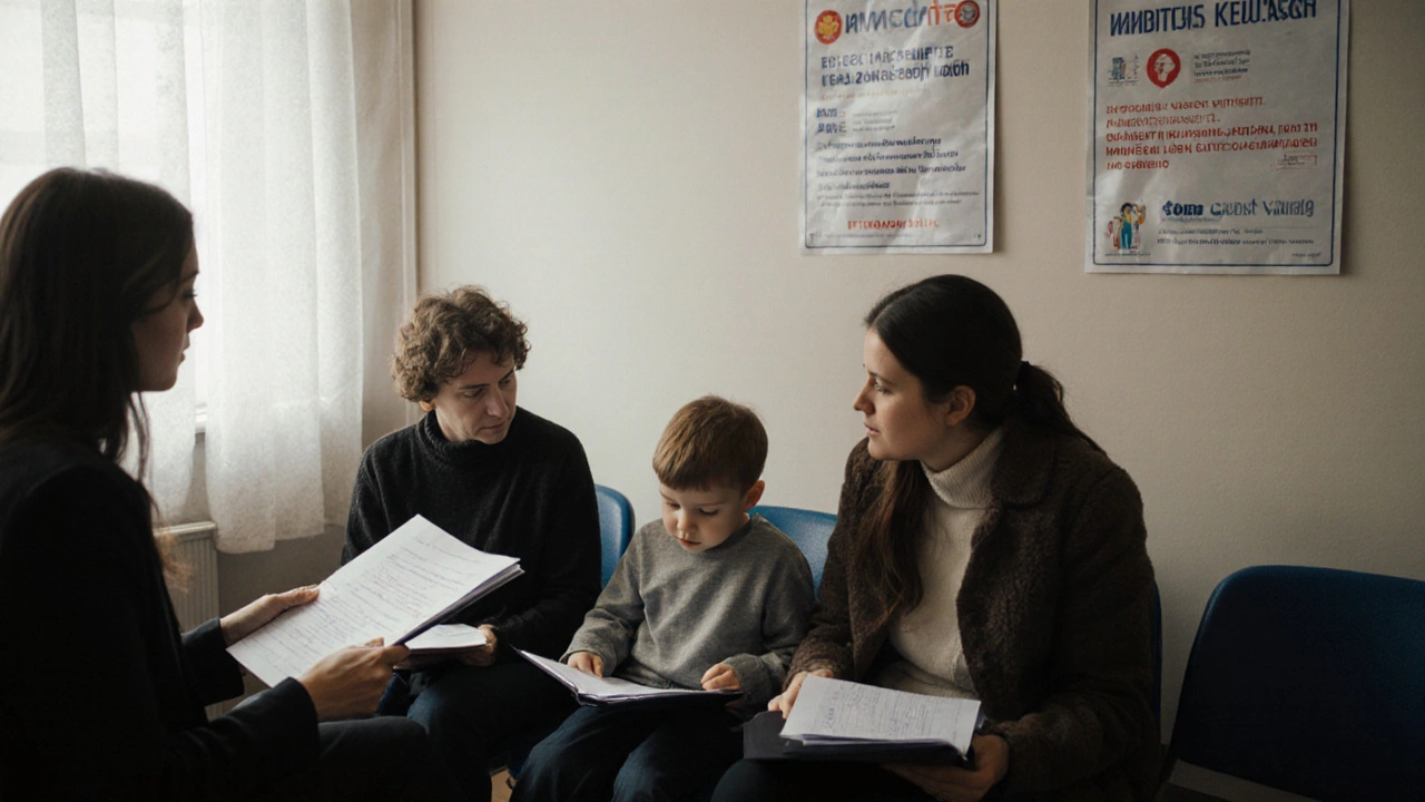 Rodina čeká v úřadě s medicínskými dokumenty, sociální pracovnice s nimi mluví