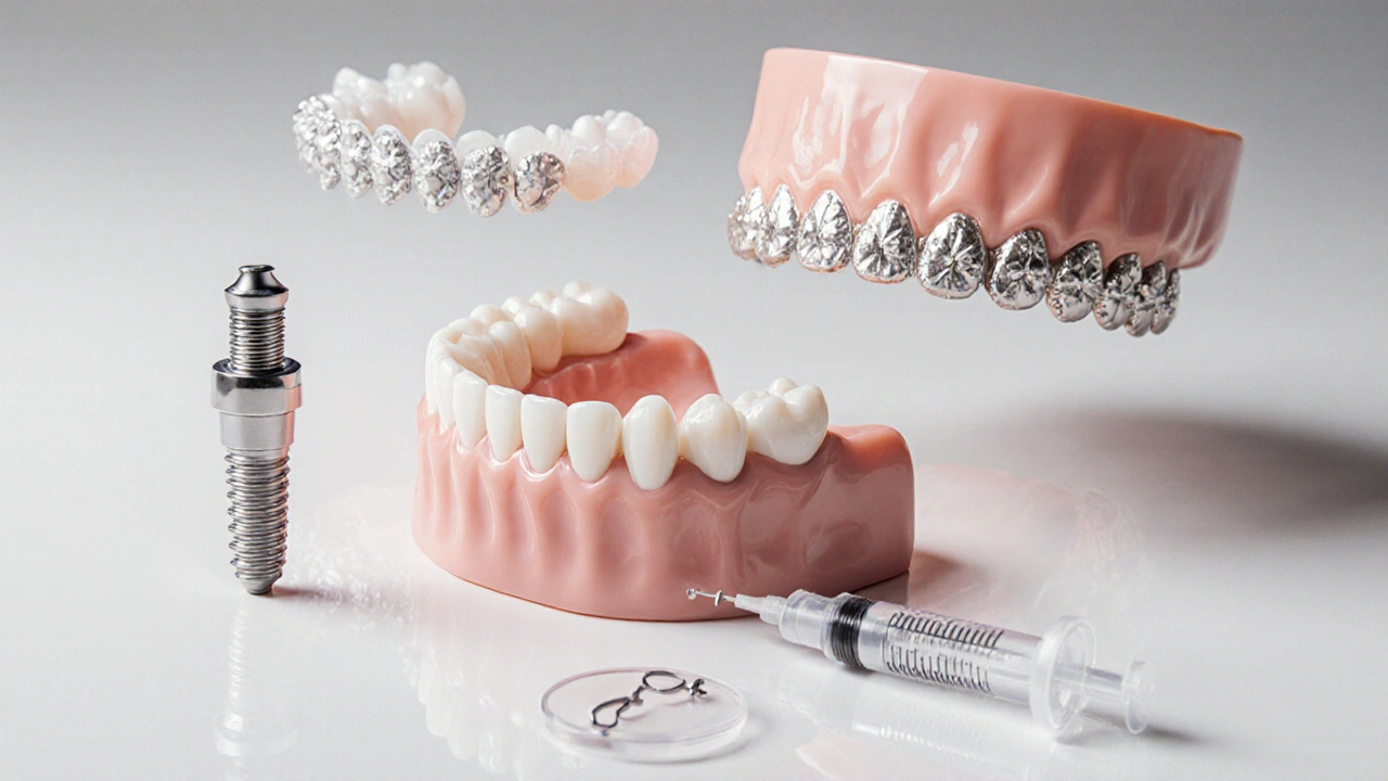 Šest dentálních náhrad – implantát, korunka, most, protéza, veneer a výplň – uspořádáno na bílém podkladu.