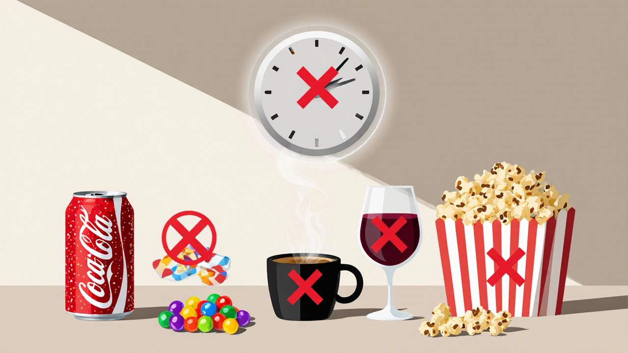 Stůl s potížemi: limonáda, bonbóny, káva, víno a popcorn označené červeným křížkem.