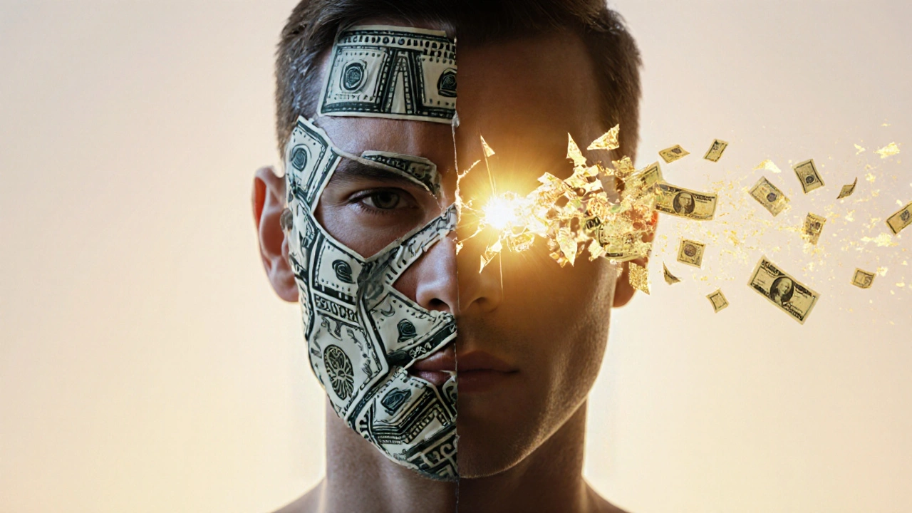 Tvář se proměňuje z tmavého obličeje pod břemenem účtů do jasného, volného obličeje