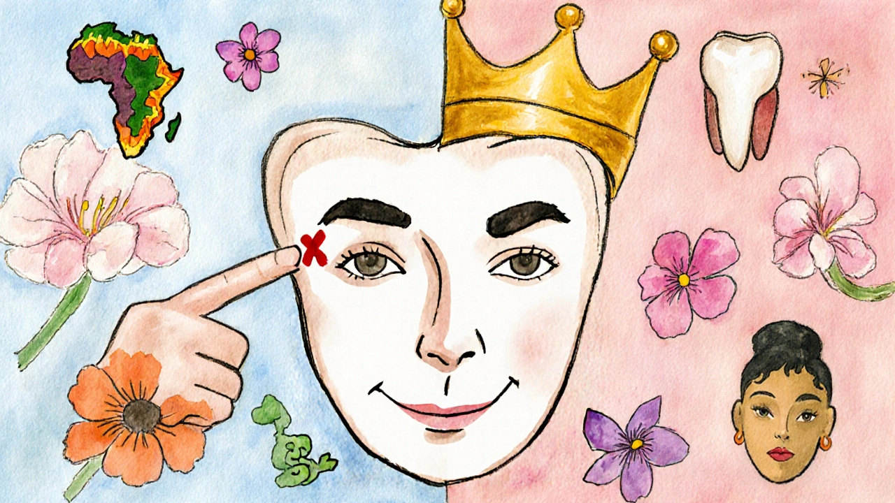 Vodová barva ilustrace: kritický prst proti zlaté koruně na zubu s mezerou, symbolizující vlastní volbu.