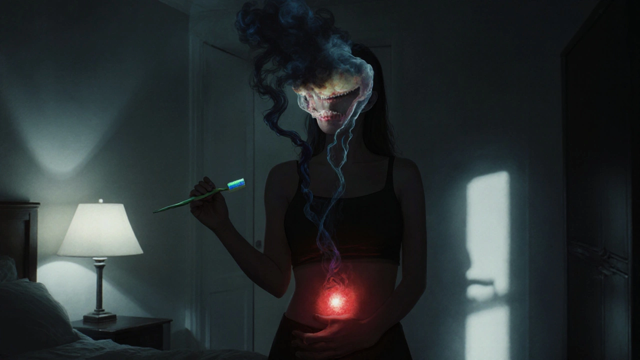 Žena s neviditelnou zubní infekcí, jejíž důsledky se projevují nad pupkem.