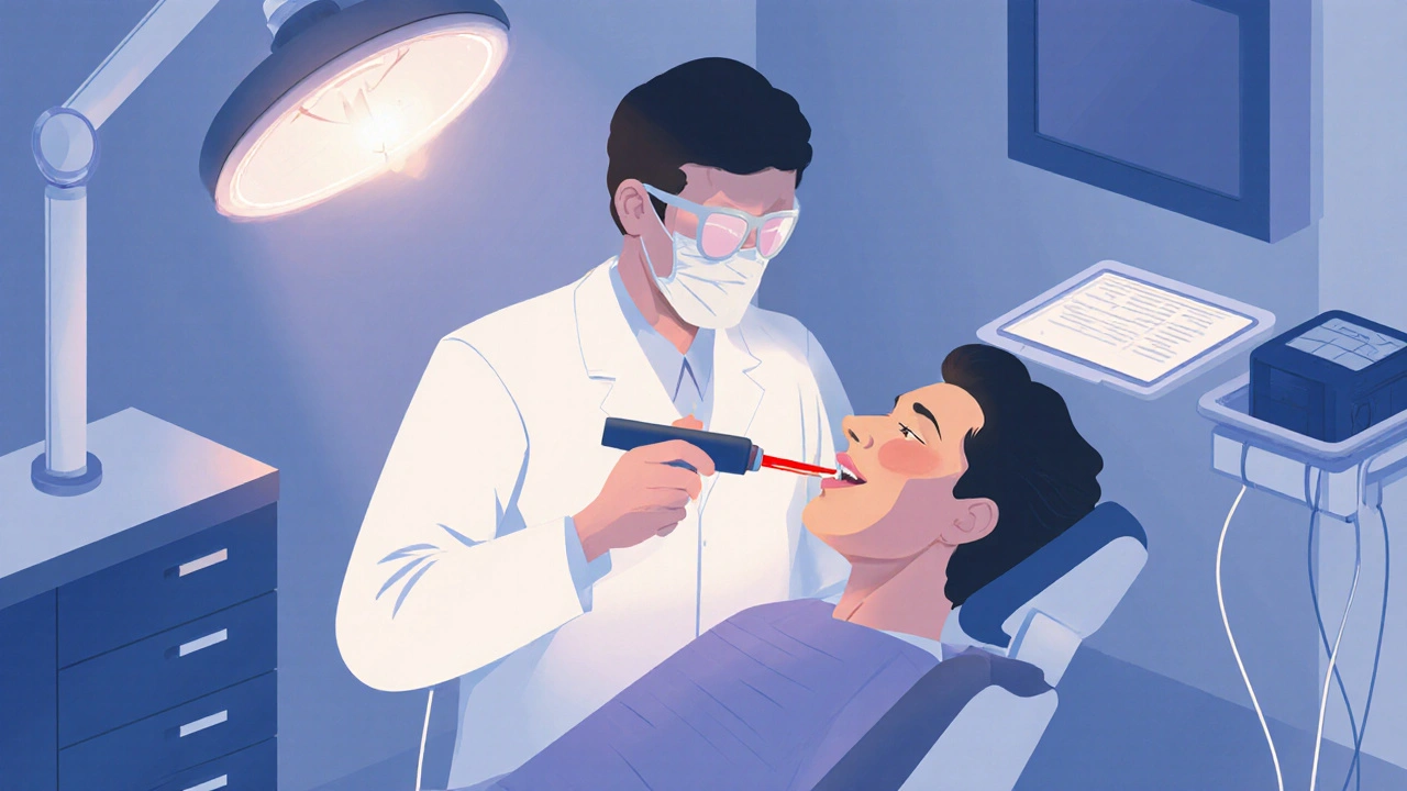 Zubař používá laser k ošetření praskliny na zubu.