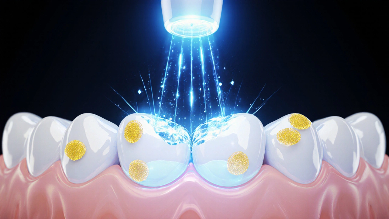 Abstraktní znázornění rozkladu pigmentů v zubech pod vlivem laseru a gelu.
