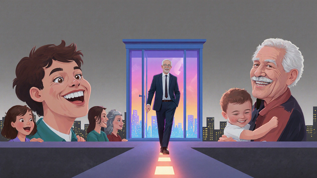 Časová osa od teenagera po dospělého s fazetami, pozadí přechází z šedi do barev.