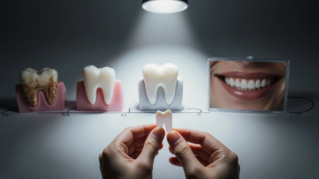 Časová osa přeměny zubu od poškozeného k dokonalému úsměvu.