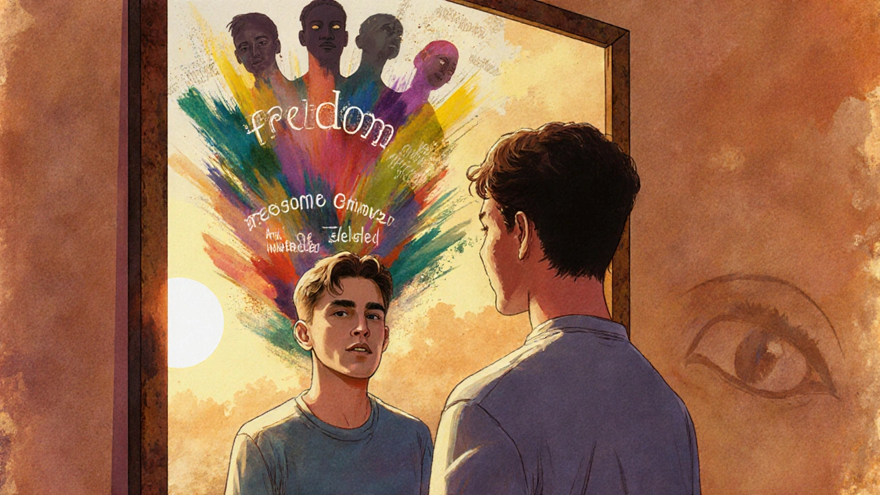 Člověk se dívá do zrcadla a usmívá se, na zubech fazety, za ním se rozptylují stíny soudů.