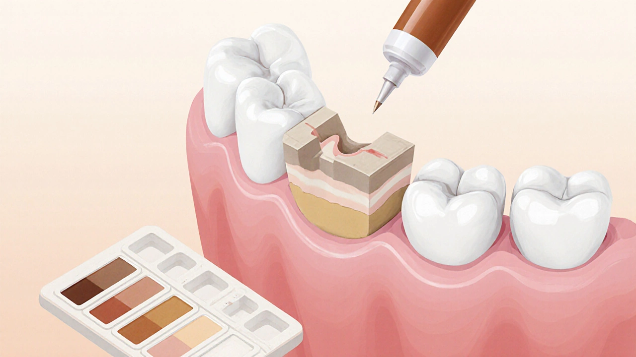 Composite inlay as a precision-fitted restoration mimicking natural tooth structure.
