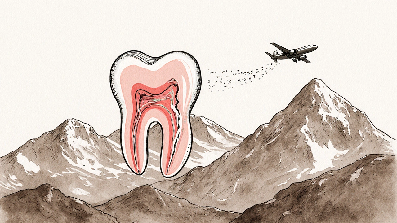 Dentalní diagram s křížkem v zubu a horami na pozadí, znázorňující tlakové změny.