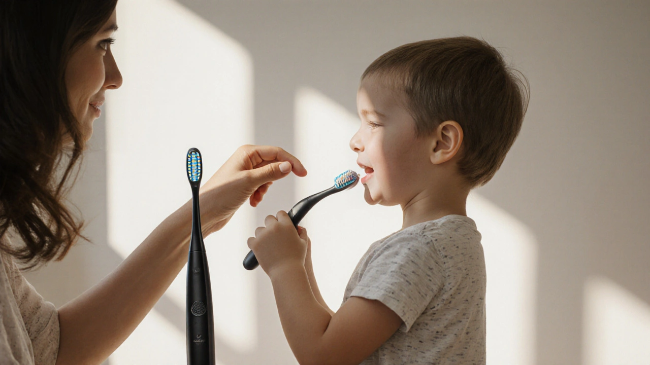 Dítě používá magnetický kartáček pod dohledem rodiče, bez elektroniky nebo tlačítek.