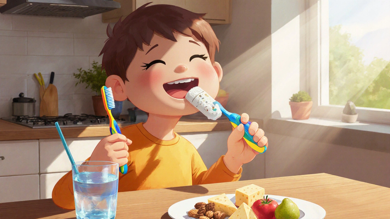 Dítě žvýká žvýkačku bez cukru a pije vodu, vedle něj jsou zdravé svačiny.