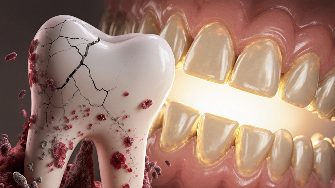 Dočasná korunka se odpojuje od zubu, bakterie se blíží