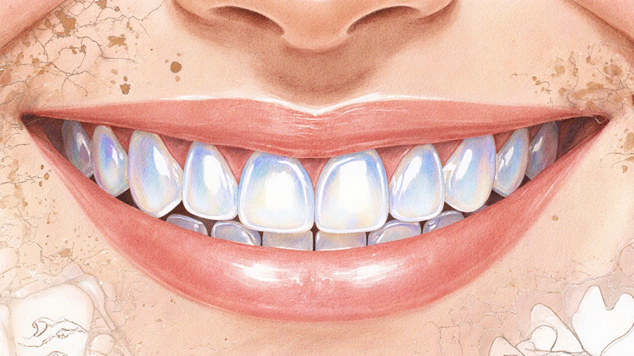 Dokonalý úsměv s keramickými fazetami, které odrážejí světlo.