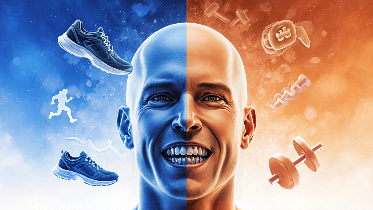 Koncepční obrázek rozdělené hlavy: jedna strana volně dýchá, druhá je omezena rovnátky.