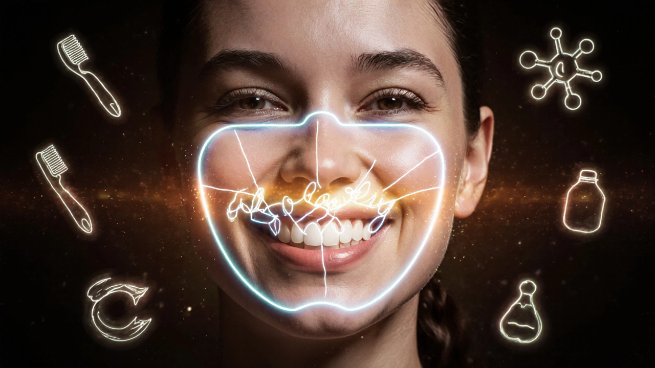 Konceptuální obrázek chráněných předních zubů s ikonami prevence jako zubní kartáček a noční ochrana.