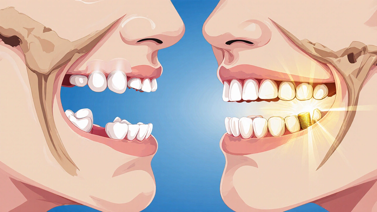 Křížový řez čelisti: poškozená kost vlevo, zdravá s implantátem vpravo.