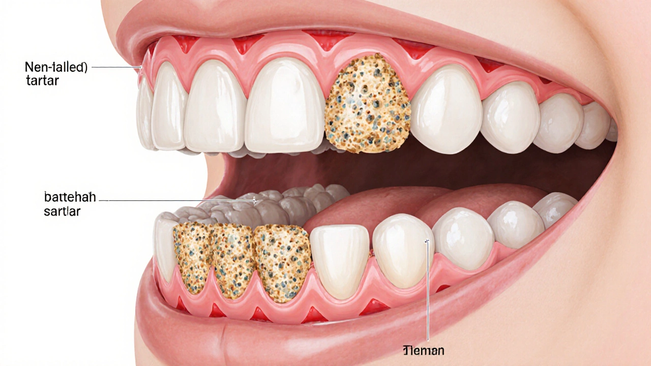Křížový řez dětských zubů ukazující nárůst zubního kamene na dásních.