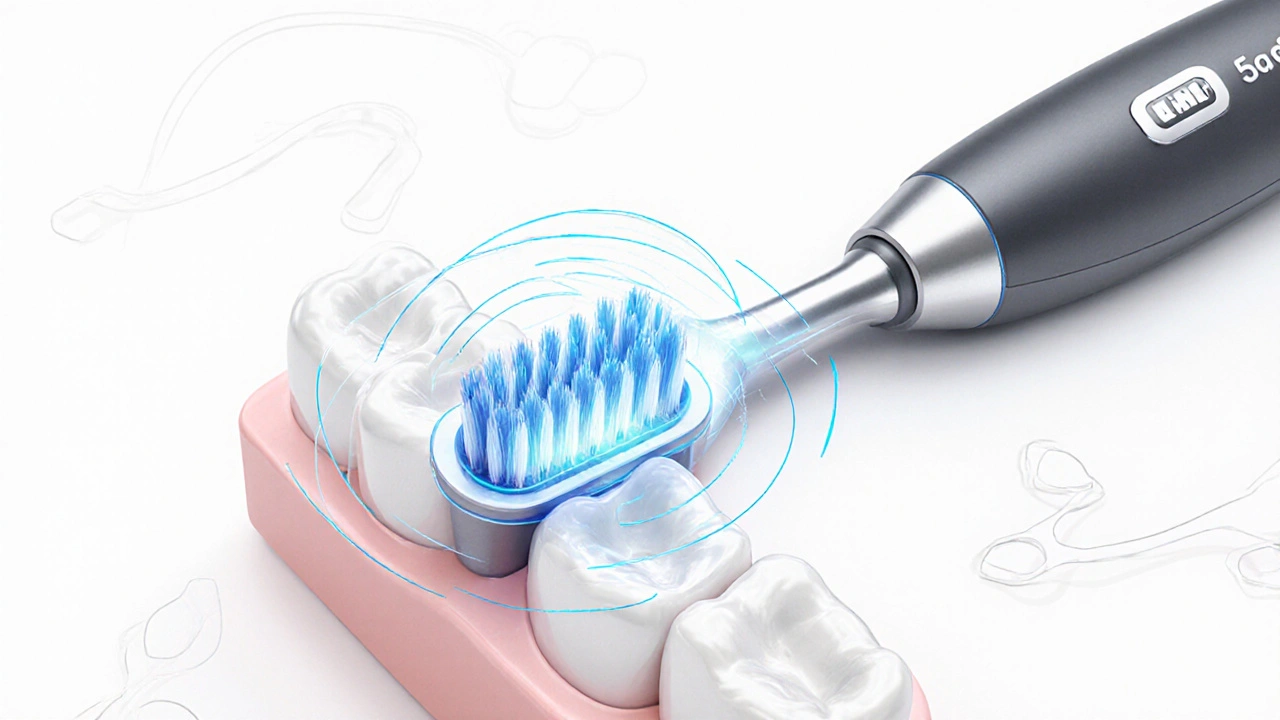 Magnetické pole a jemné štětiny kartáčku čistí zubní povrch s přesností.