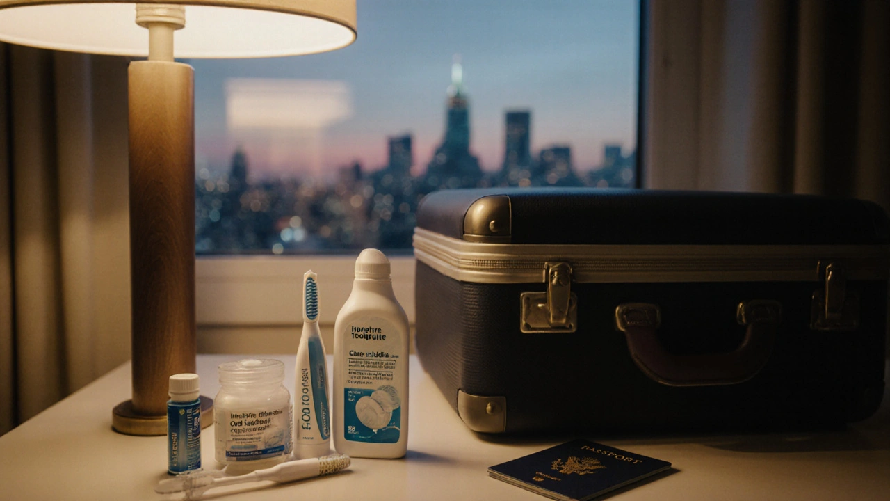 Malý zubní kit na nočním stolku s toothpaste, floss a chladným kompresem.