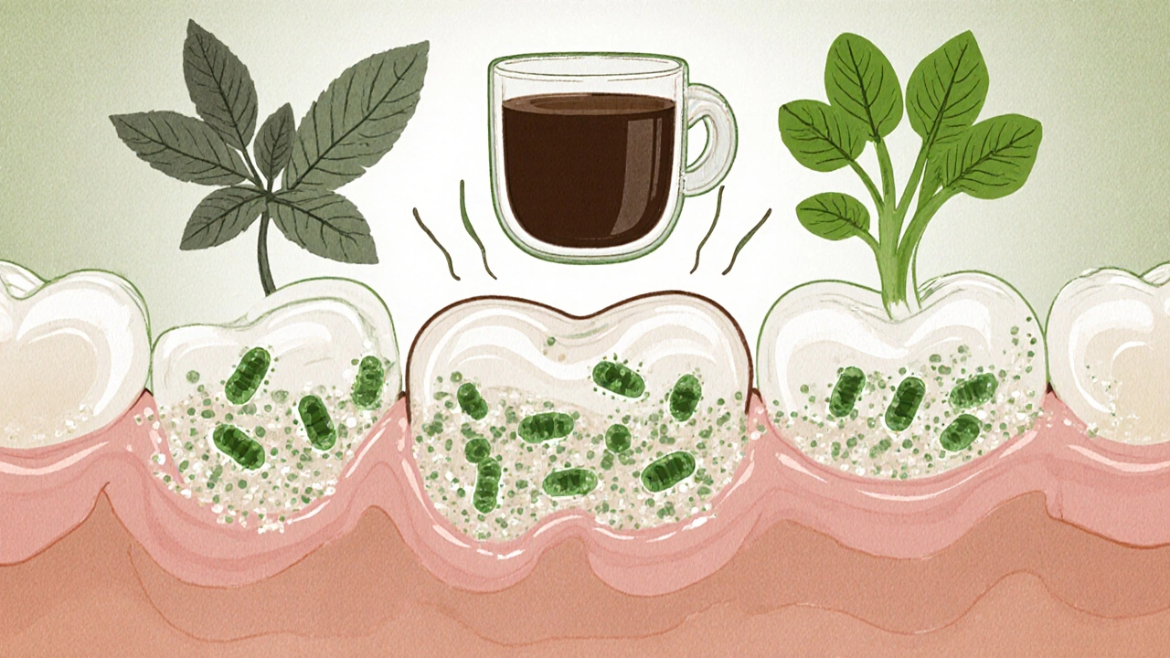 Mikroskopický pohled na bakterie v zubním plaku potlačené bylinami.