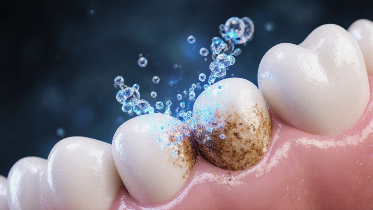 Mikroskopický pohled na bělící látky pronikající do skloviny zubu a rozkládající pigmenty.