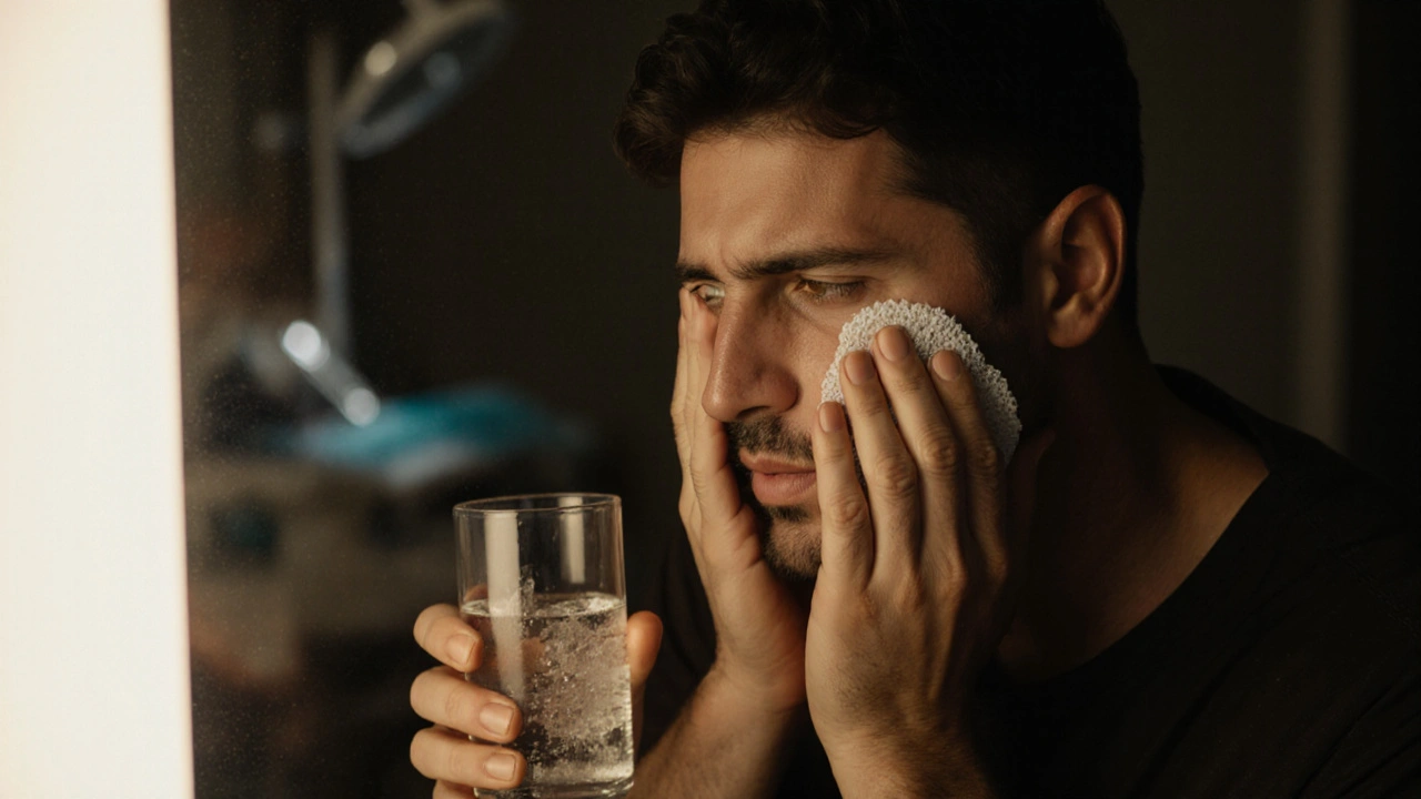 Muž drží tvář v bolesti, otok pod očí, drží sklenici solné vody a led na cheeku.