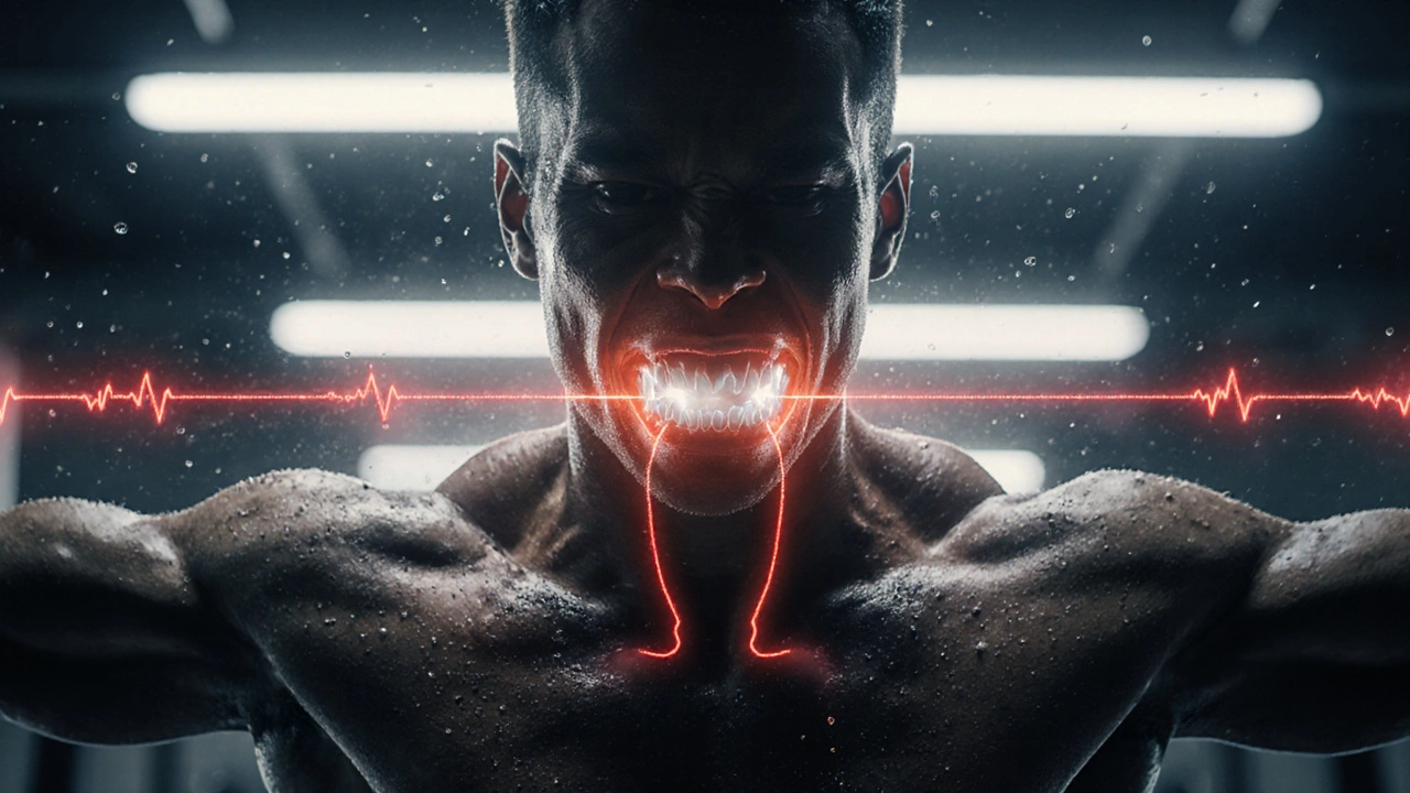 Muž zvedá činku v posilovně, s vizuálními značkami tlaku na čelist.