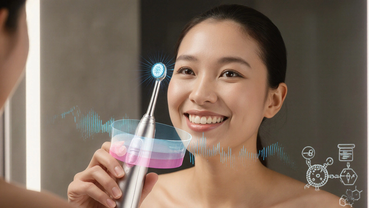 Osoba používá ultrazvukový čistič zubů v koupelně s viditelnými zvukovými vlnami.