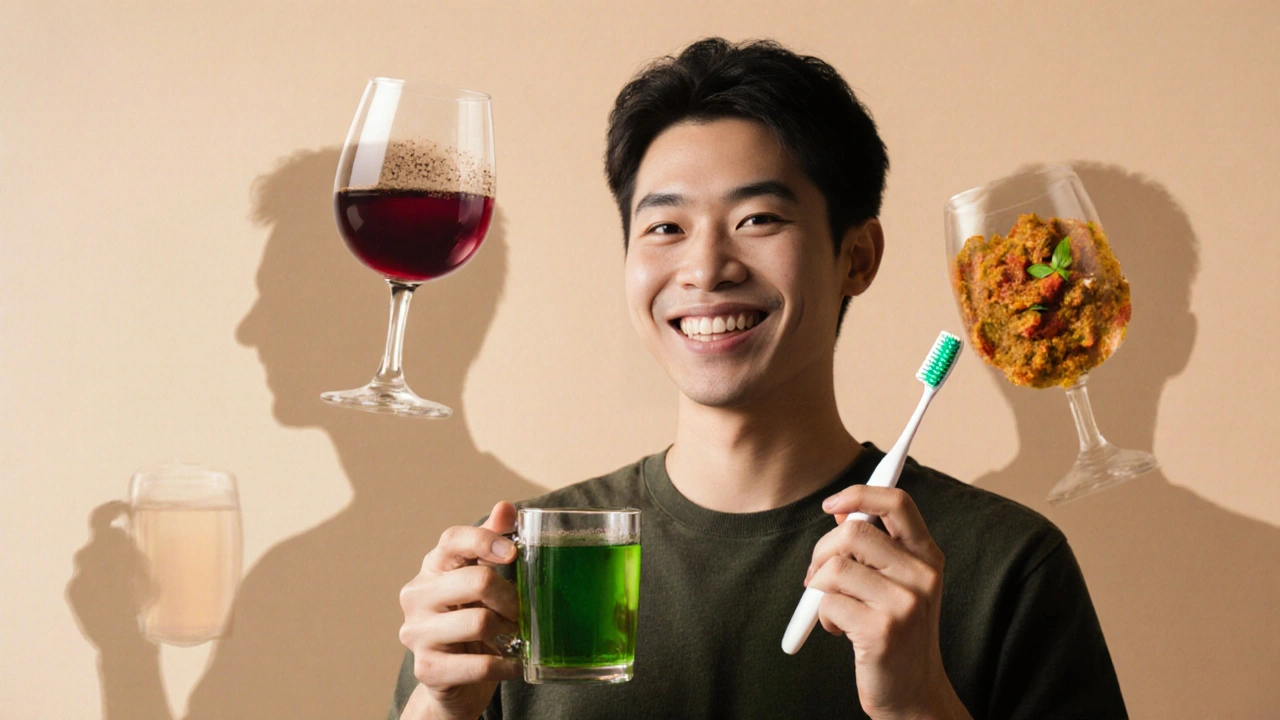 Osoba se smíchem drží zelený čaj a kartáček, za ní stíny barviv.