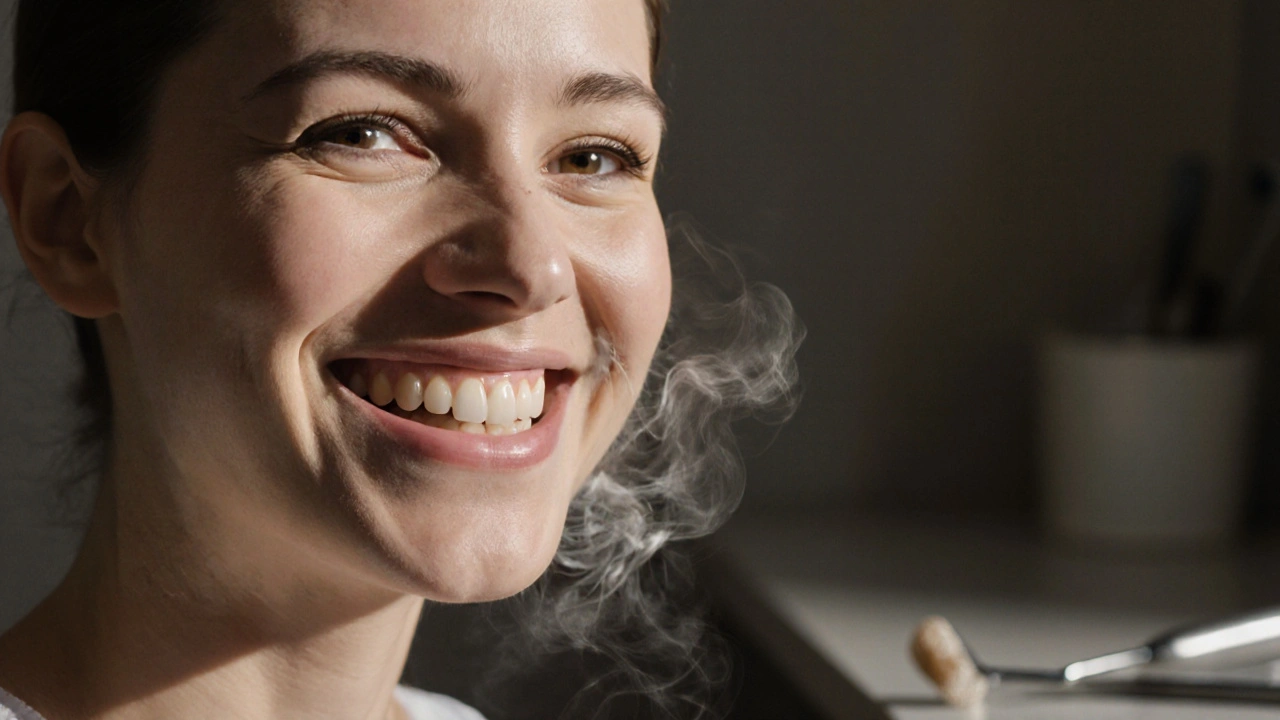 Osoba se usmívá s čistými zuby a zdravými dásněmi po odstranění zubního kamene.