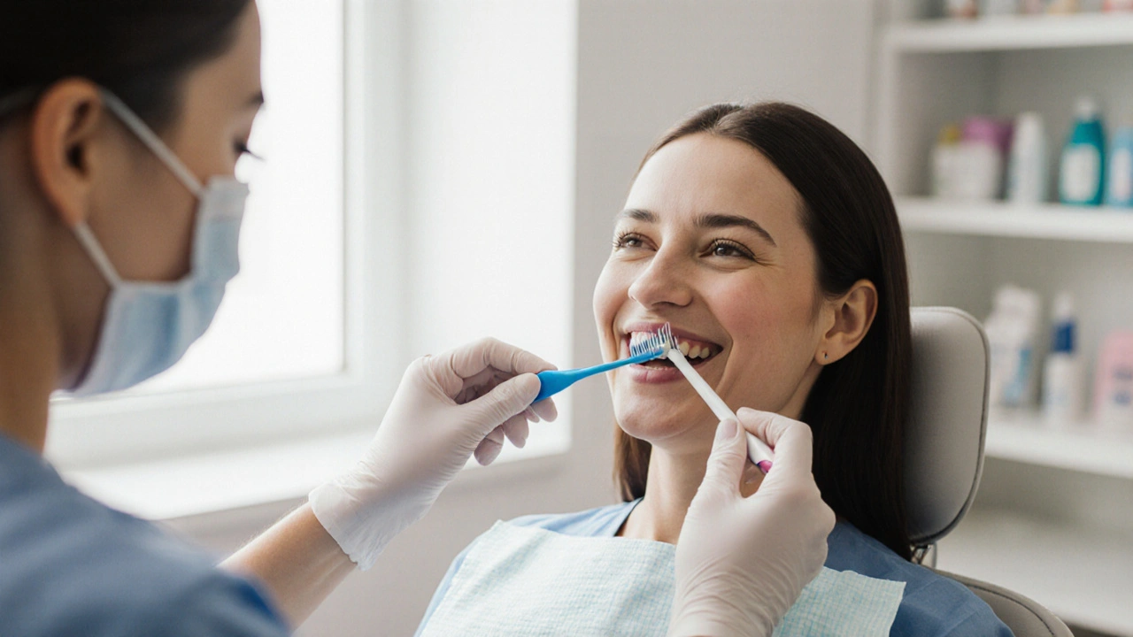 Patient smiling after periodontal treatment, receiving oral care instructions.