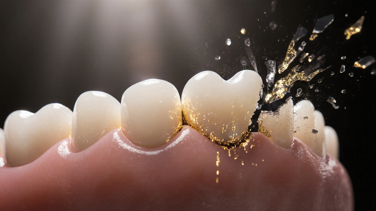 Pevně přilepený zubní můstek s mikroskopickými vazbami proti selhajícímu můstku.