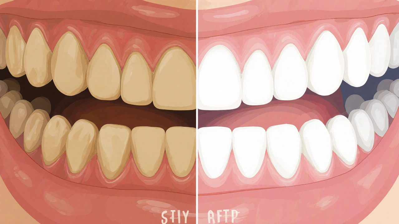 Porovnání tmavých a bělých zubů: vlevo zbarvené kávou a cigaretami, vpravo po bělení.