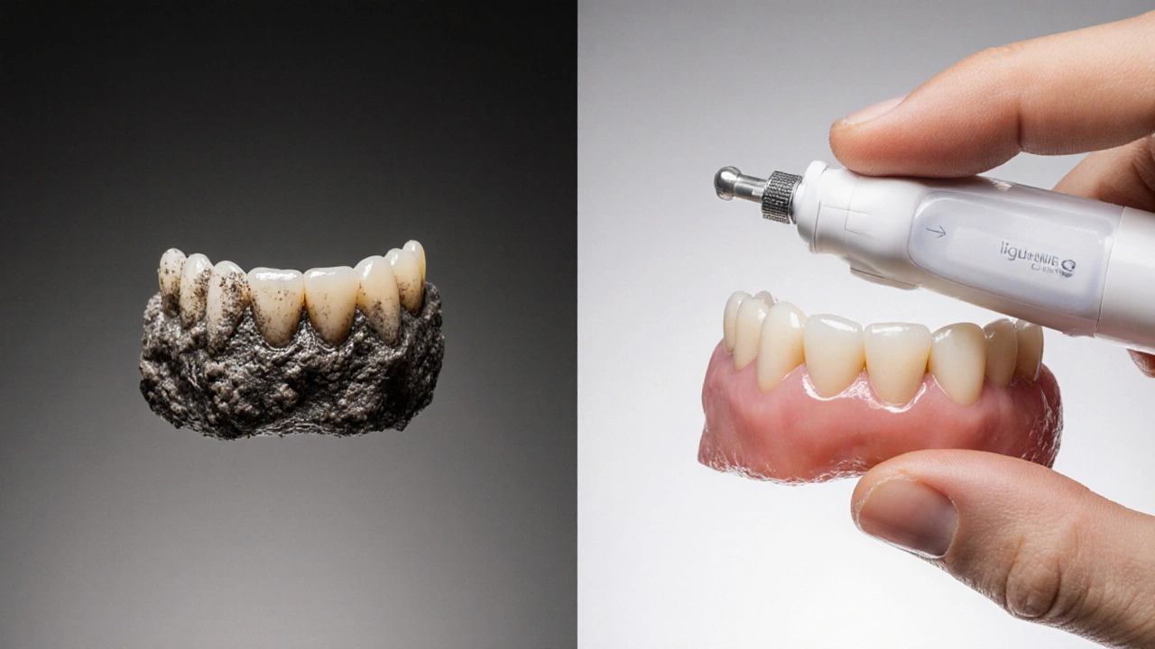Porovnání zubu před a po ultrazvukovém čištění – tmavý plak vs. čistá sklovinka.