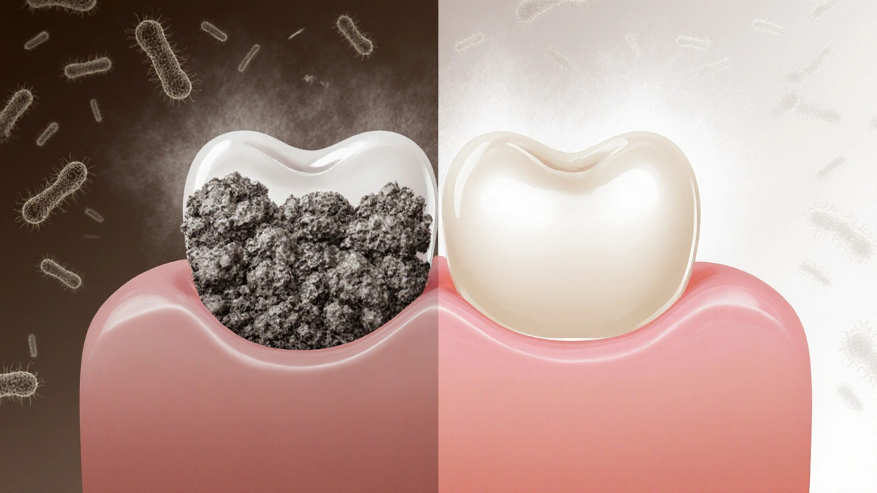 Porovnání zubu s kamenem a po pískování – hladká sklovina vs. drsný nános.