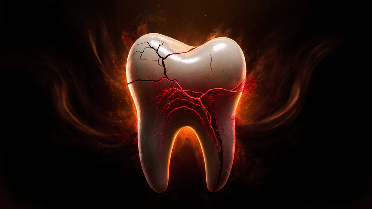 Poškozený přední zub s pulzujícími nervy a šířící se infekcí směrem k čelisti.