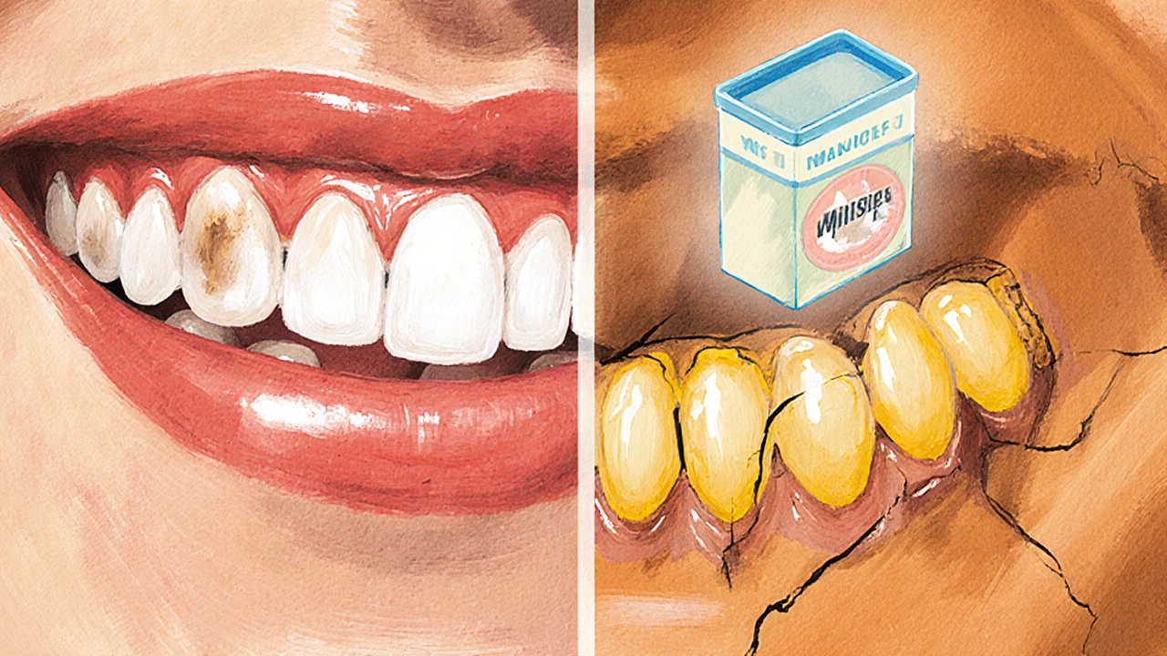 Postupné poškozování zubů sodovou sůlí: od bílých zubů se skvrnami k ztenčené sklovině a žlutému dentinu.