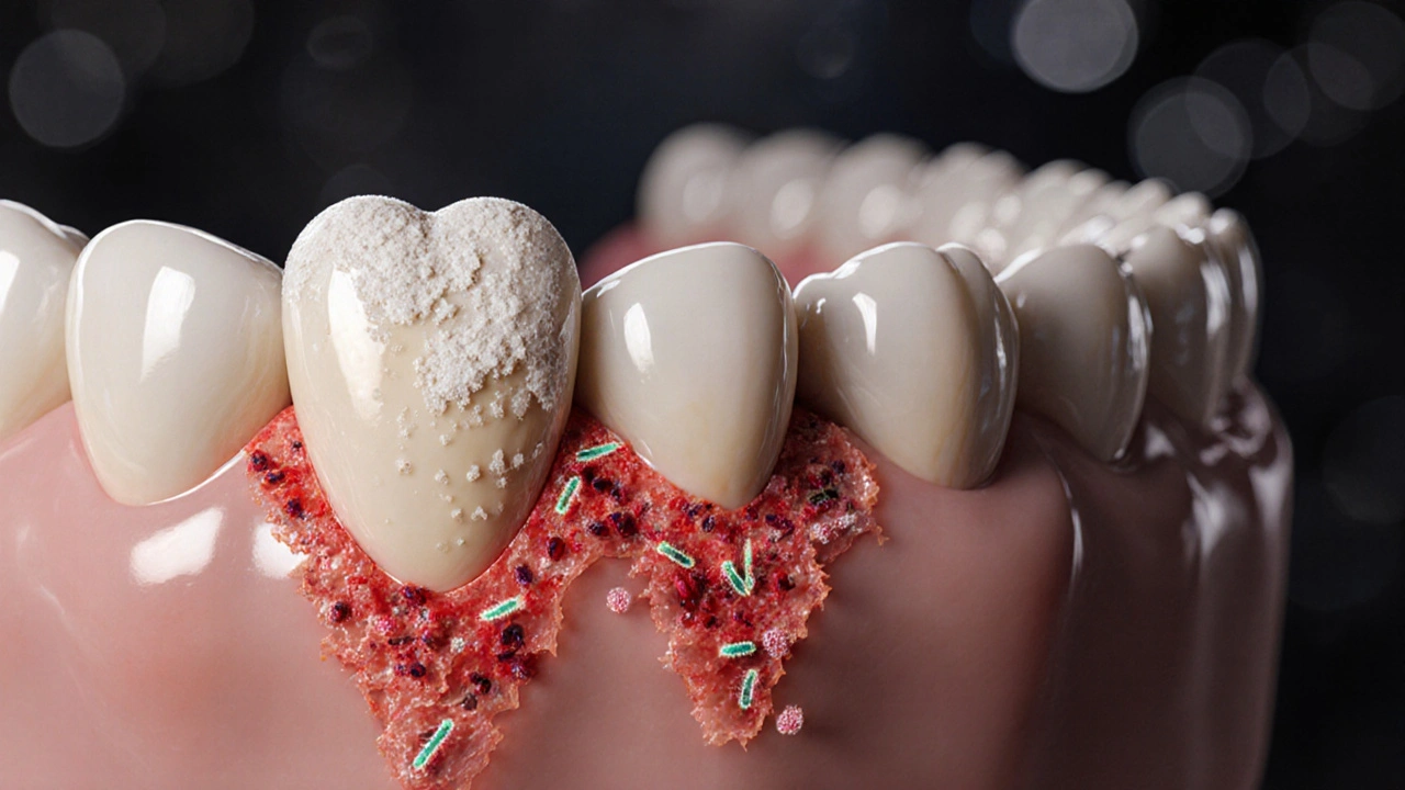 Příčný řez úst s plakem pod korunkou a zánětem dásní