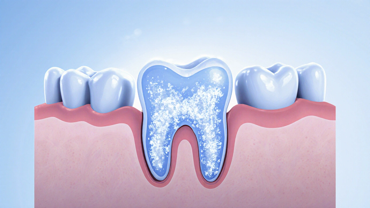 Příčný řez zubem s bílými skvrnami a kyselinou ničící sklovinu.