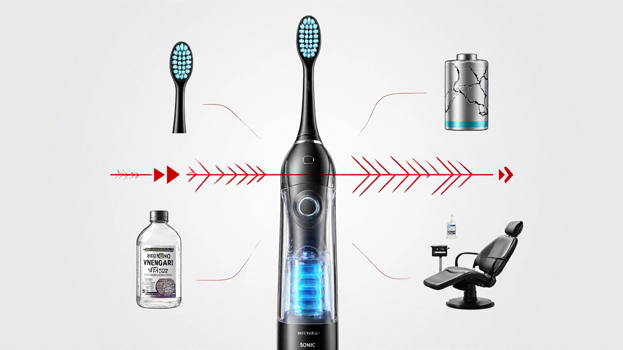 Průhledný sonický kartáček s porovnáním zdravé a poškozené baterie.