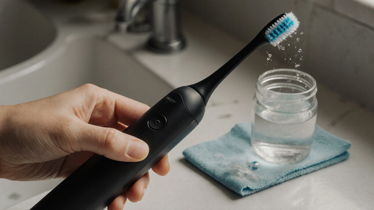 Ruka čistí kontakt mezi hlavicí a tělem sonického kartáčku štětcem.